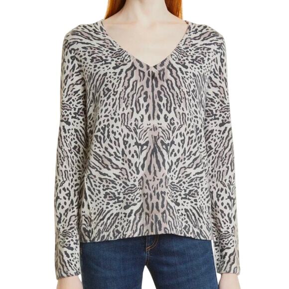 ATM Women's Cashmere Blend V-Neck Sweater Animal Print Size S NWT Elevated - Picture 1 of 11